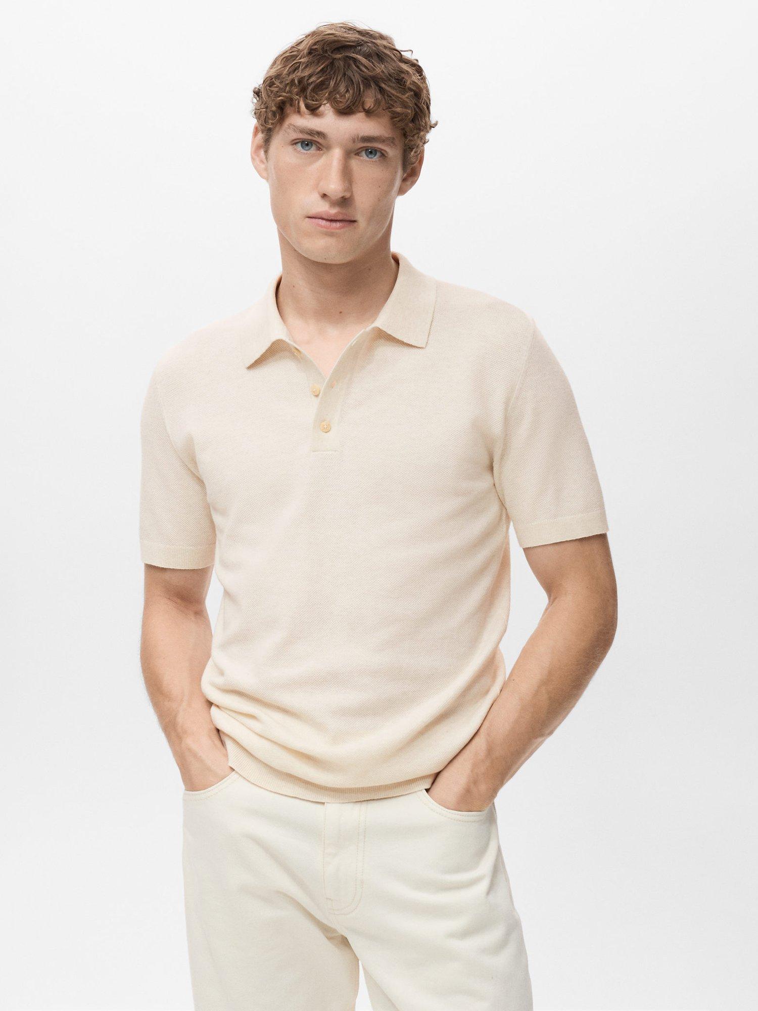 Product image 1 of 8, which shows Mango Andrew Cotton Blend Slim Fit Short Sleeve Polo Shirt, Light Beige, S