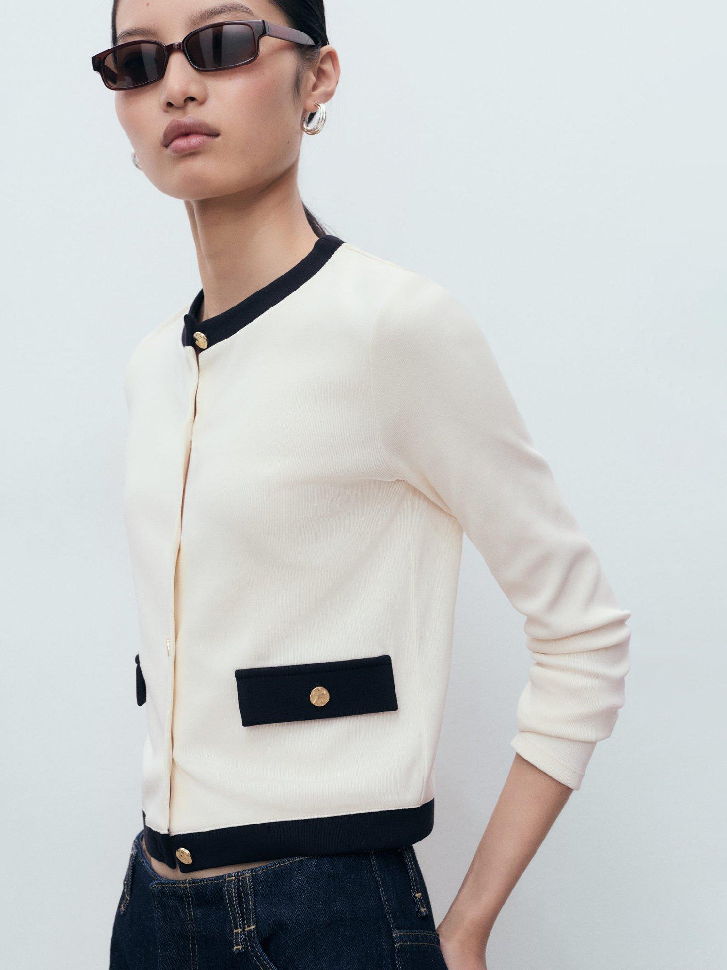 Product image 7 of 8, which shows Mango Peri Contrast Trim Cardigan, Light Beige, 5XL