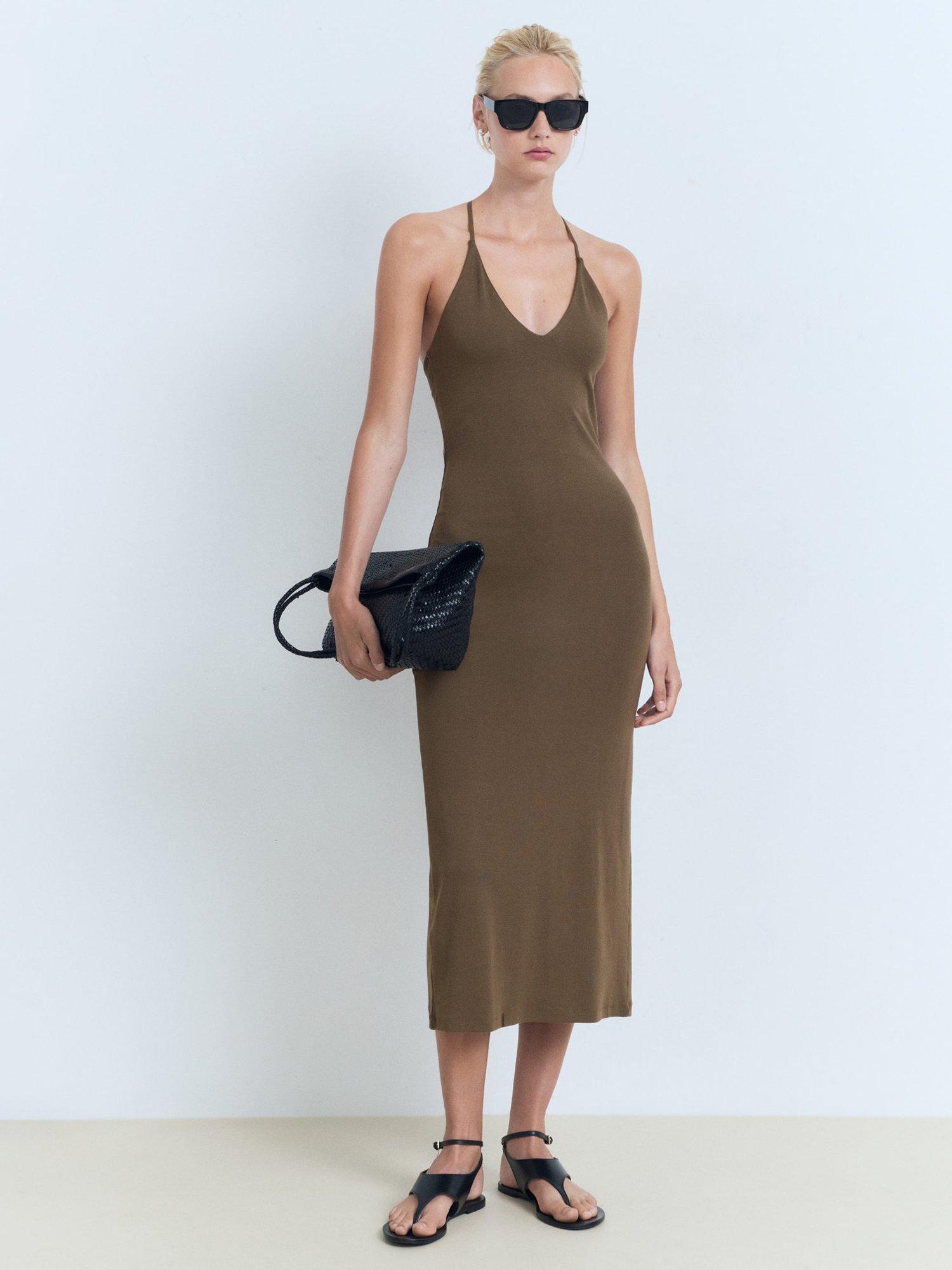 Product image 1 of 8, which shows Mango Bali Strappy Midi Dress, Beige/Khaki, 10
