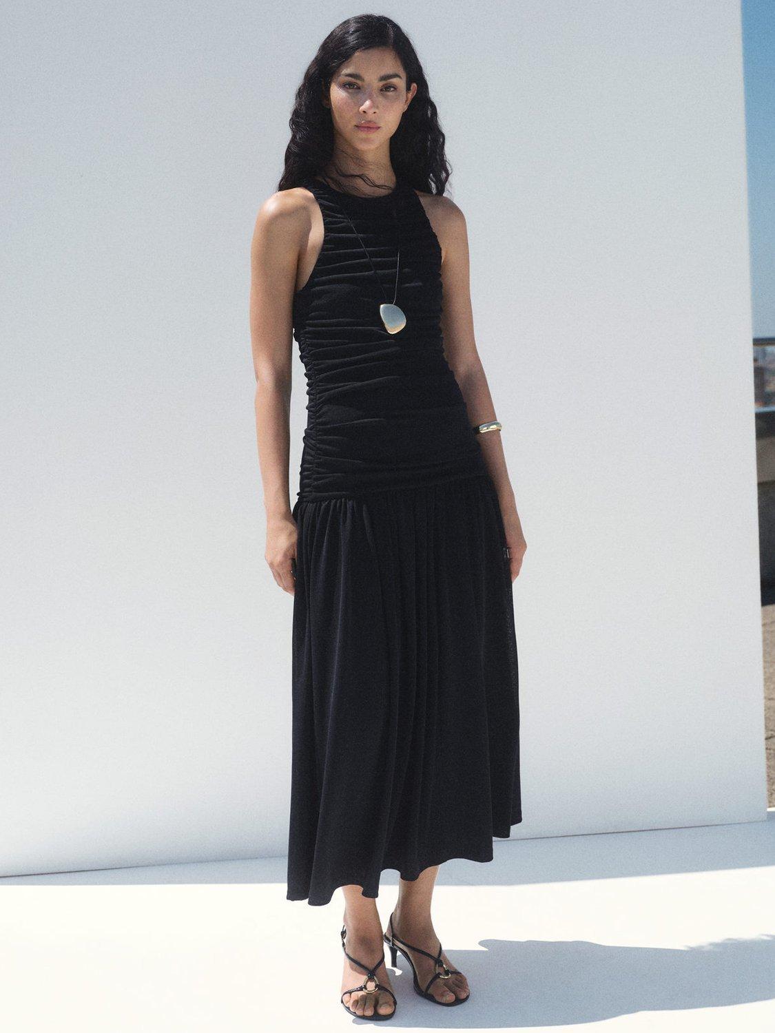 Product image 1 of 7, which shows Mango Corina Ruched Midi Dress, Black, 10
