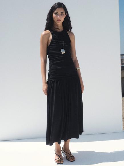 Mango Corina Ruched Midi Dress, Black, Black