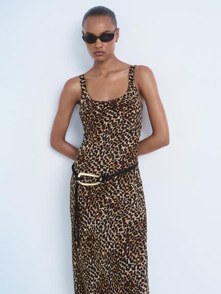 Mango Lion Animal Print Midi Dress, Black, Black