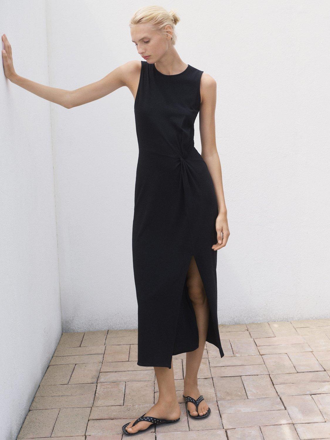 Product image 1 of 9, which shows Mango Woody Gathered Midi Dress, Black, 10