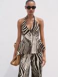 Mango Wild Zebra Print Linen Blend Waistcoat, Dark Brown