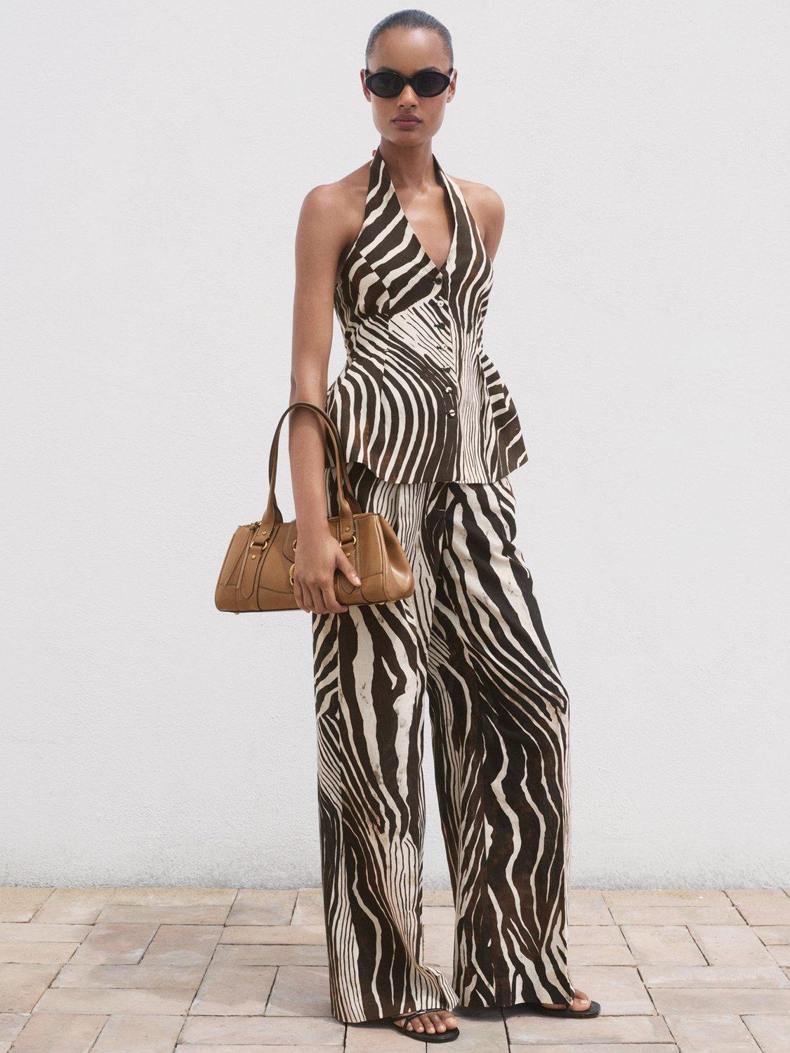 Product image 2 of 8, which shows Mango Wild Zebra Print Linen Blend Waistcoat, Dark Brown, XXS