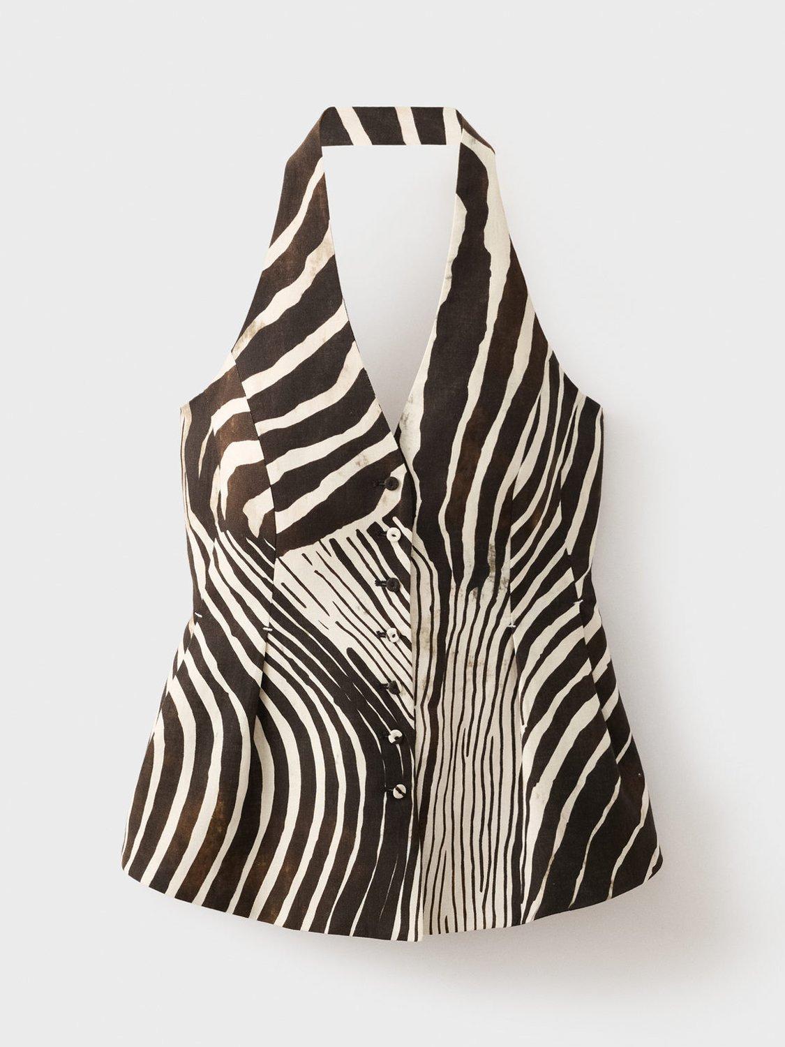 Product image 3 of 8, which shows Mango Wild Zebra Print Linen Blend Waistcoat, Dark Brown, XXS