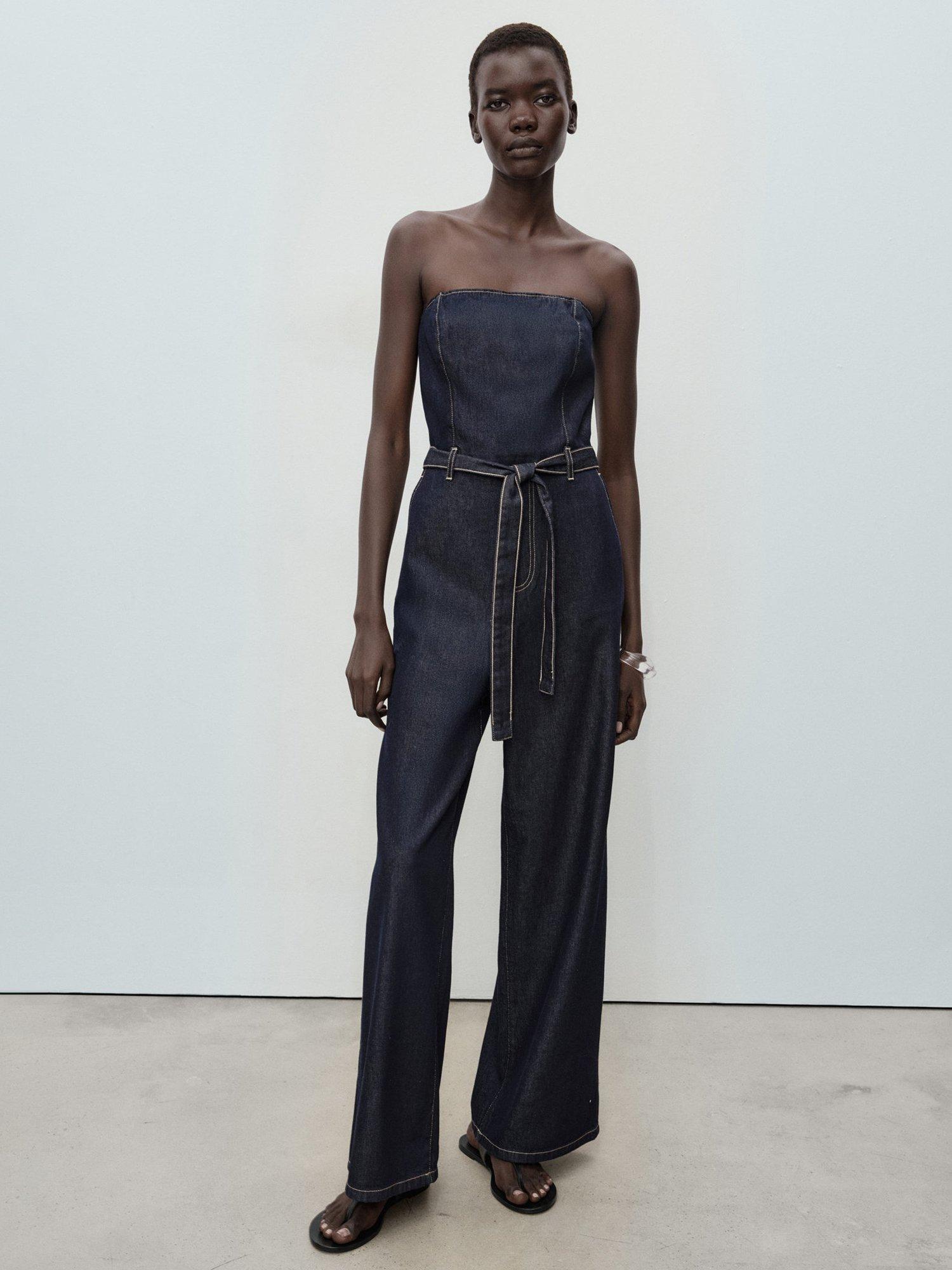 Product image 1 of 7, which shows Mango Cally Strapless Denim Jumpsuit, Dark Blue, L