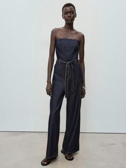 Mango Cally Strapless Denim Jumpsuit, Dark Blue, Dark Blue