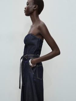 Mango Cally Strapless Denim Jumpsuit, Dark Blue - view 2, Dark Blue