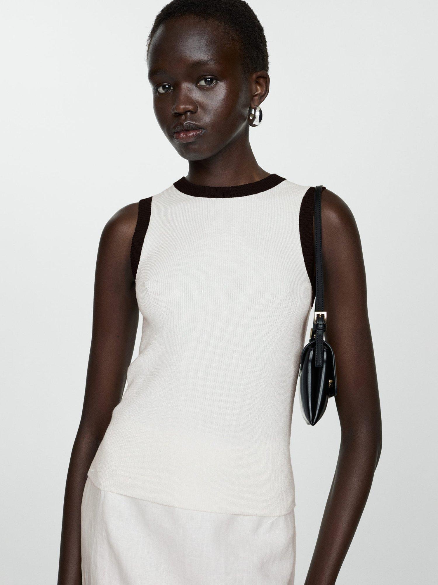 Product image 1 of 6, which shows Mango Contrast Trim Knit Top, Light Beige, XXS