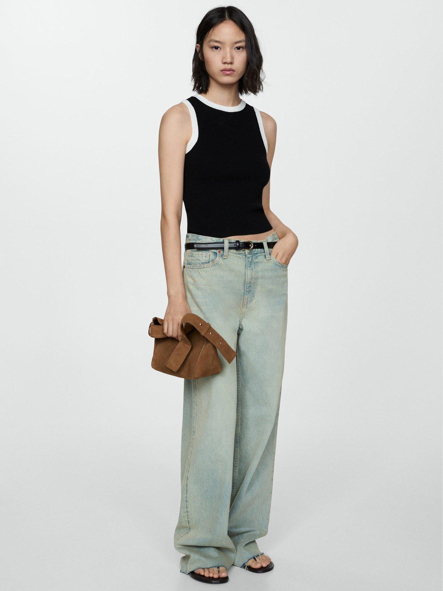 Product image 2 of 5, which shows Mango Contrast Trim Knit Top, Black, XXS