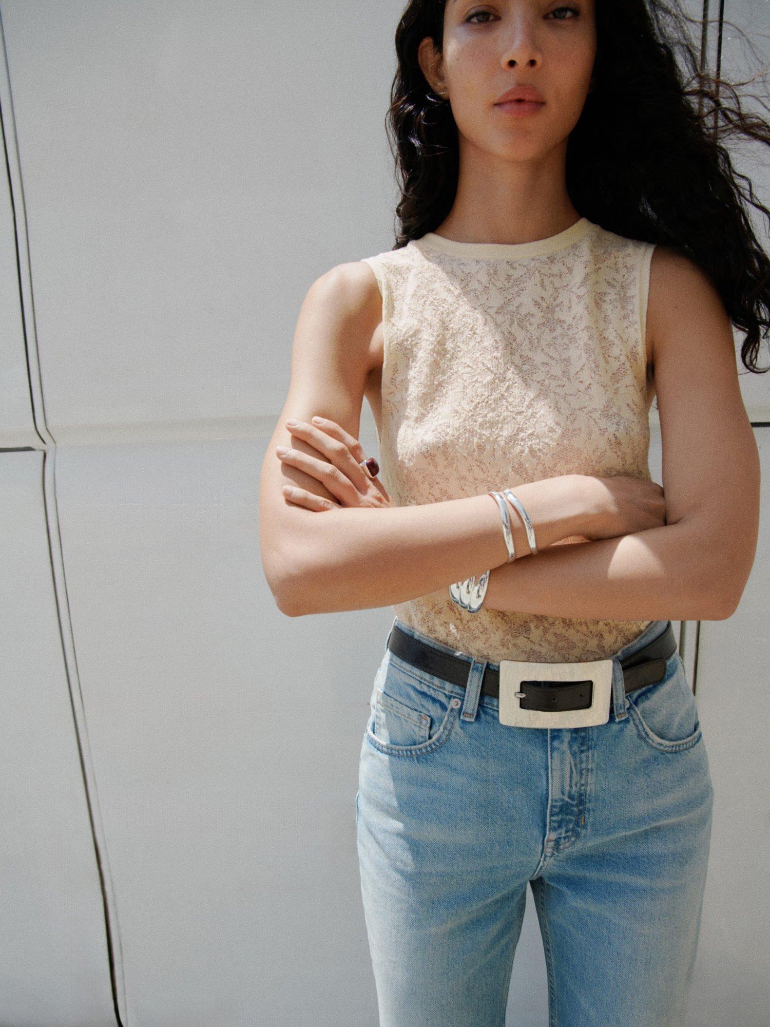 Product image 2 of 6, which shows Mango Floral Open Knit Top, Light Beige, S