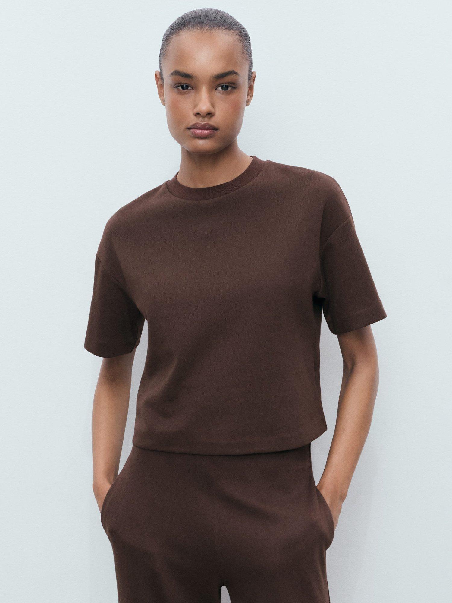 Product image 1 of 7, which shows Mango Pico Crew Neck T-Shirt, Brown, XXS