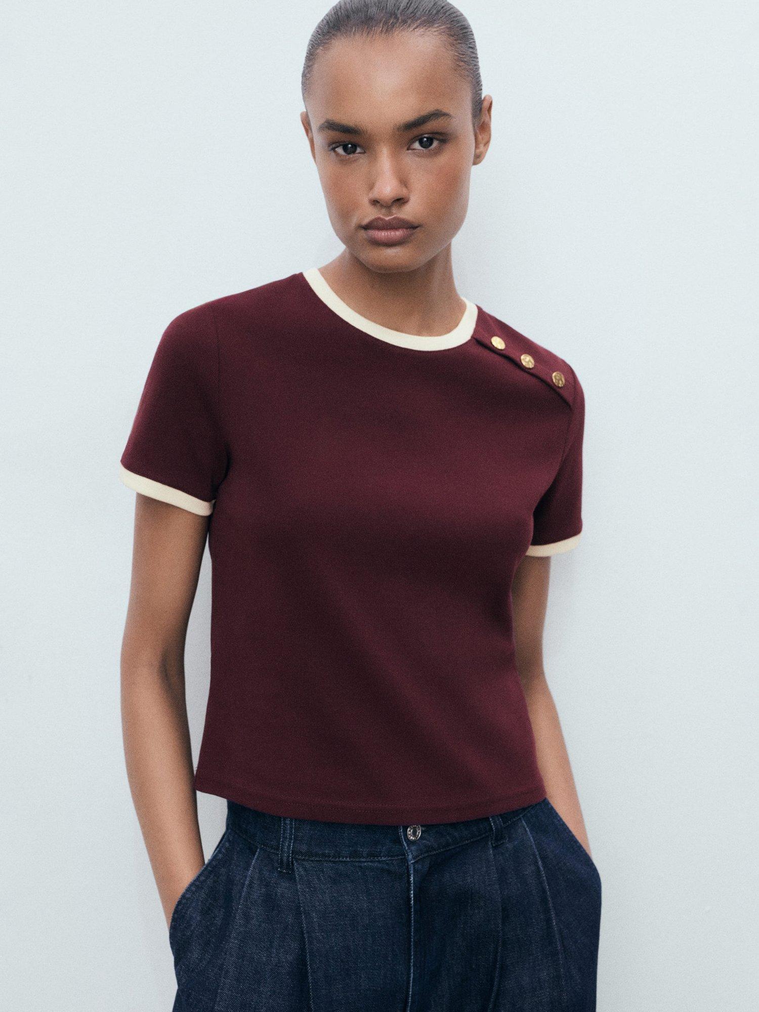 Product image 1 of 9, which shows Mango Pirti Colour Contrast T-Shirt, Dark Red, 5XL