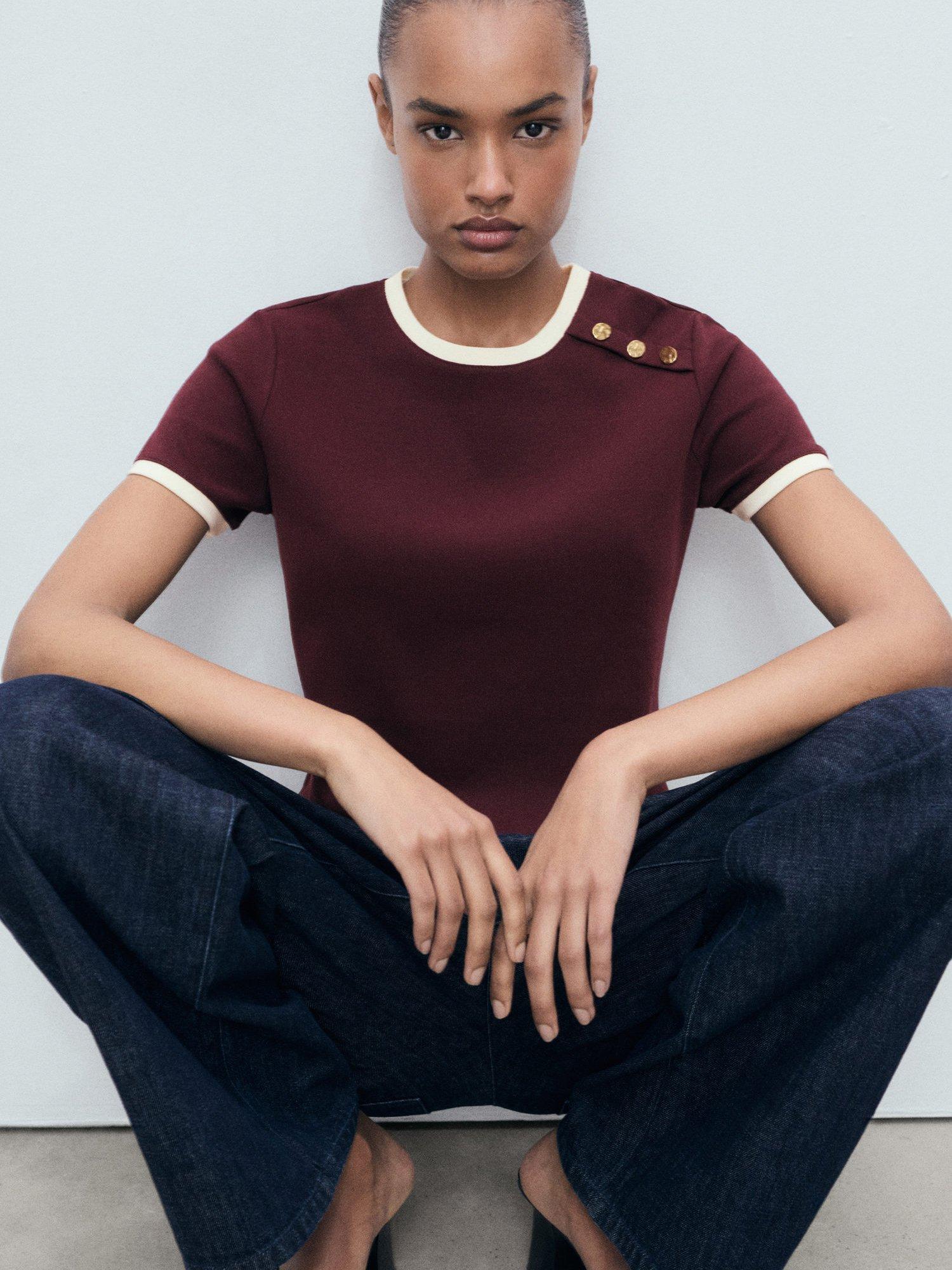 Product image 7 of 9, which shows Mango Pirti Colour Contrast T-Shirt, Dark Red, 5XL