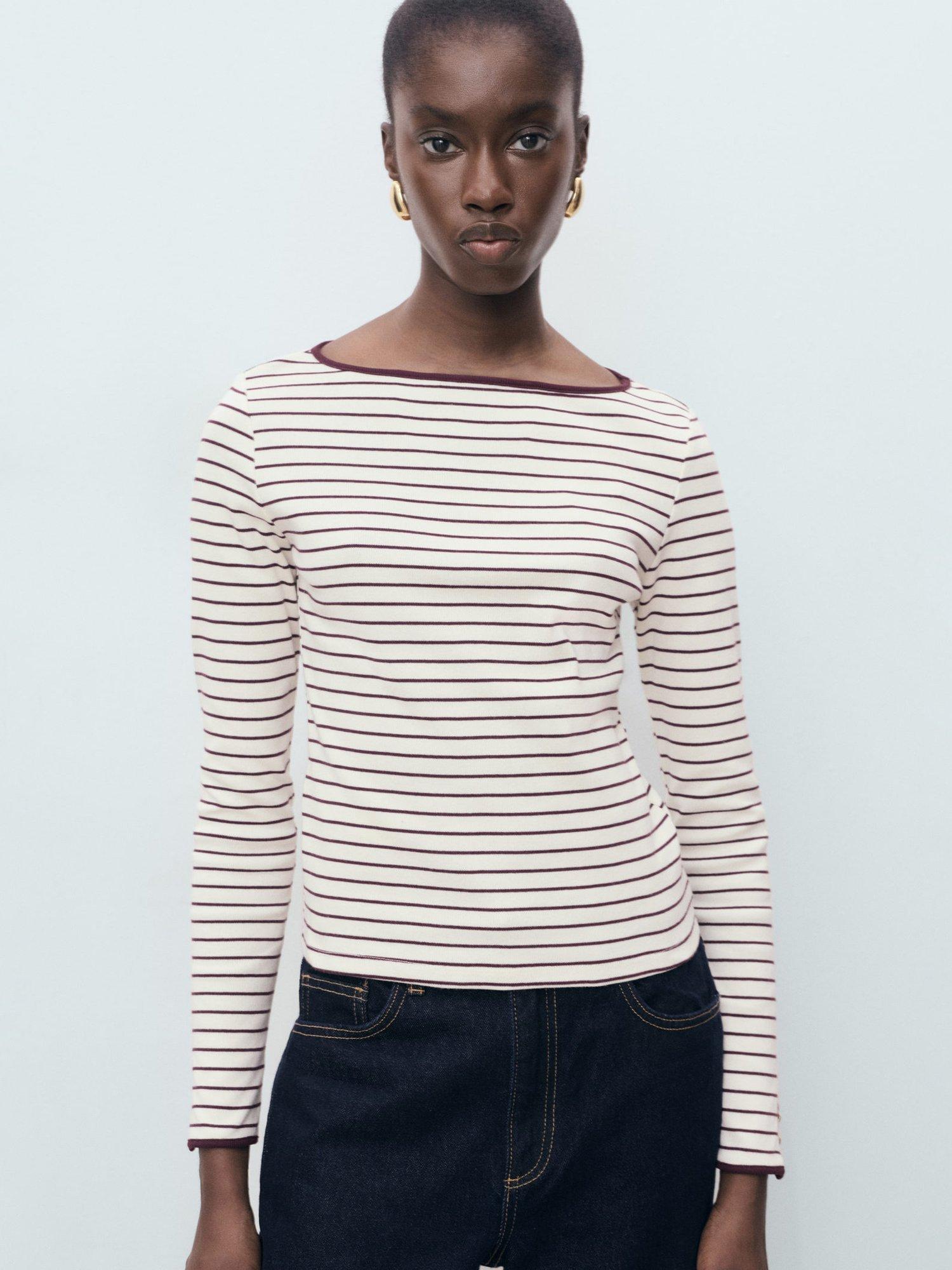 Product image 1 of 7, which shows Mango Porta Stripe Colour Contrast Top, Dark Red, XS