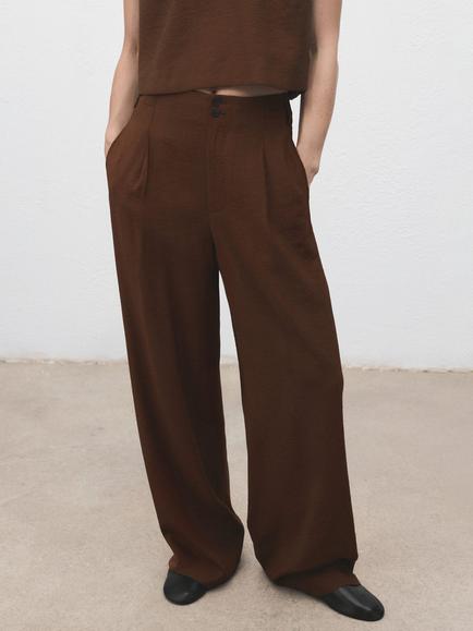 Mango Adrian Pleat Straight Trousers, Brown, Brown