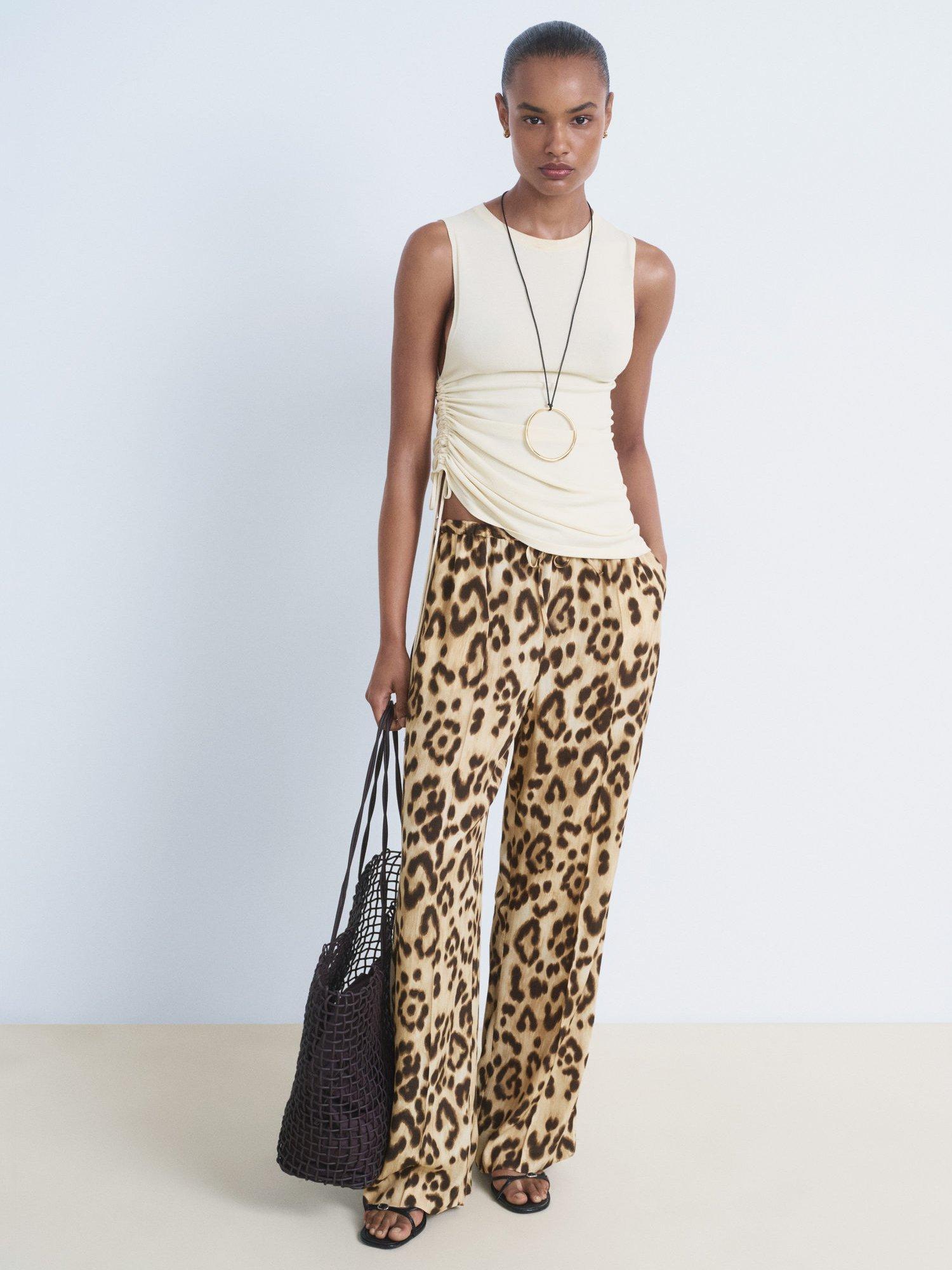 Product image 2 of 8, which shows Mango Bernie Abstract Leopard Print Trousers, Light Beige, XXXL