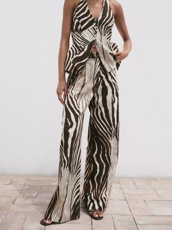 Mango Wild Animal Print Linen Cotton Blend Wide Leg Trousers, Dark Brown - view 2, Dark Brown