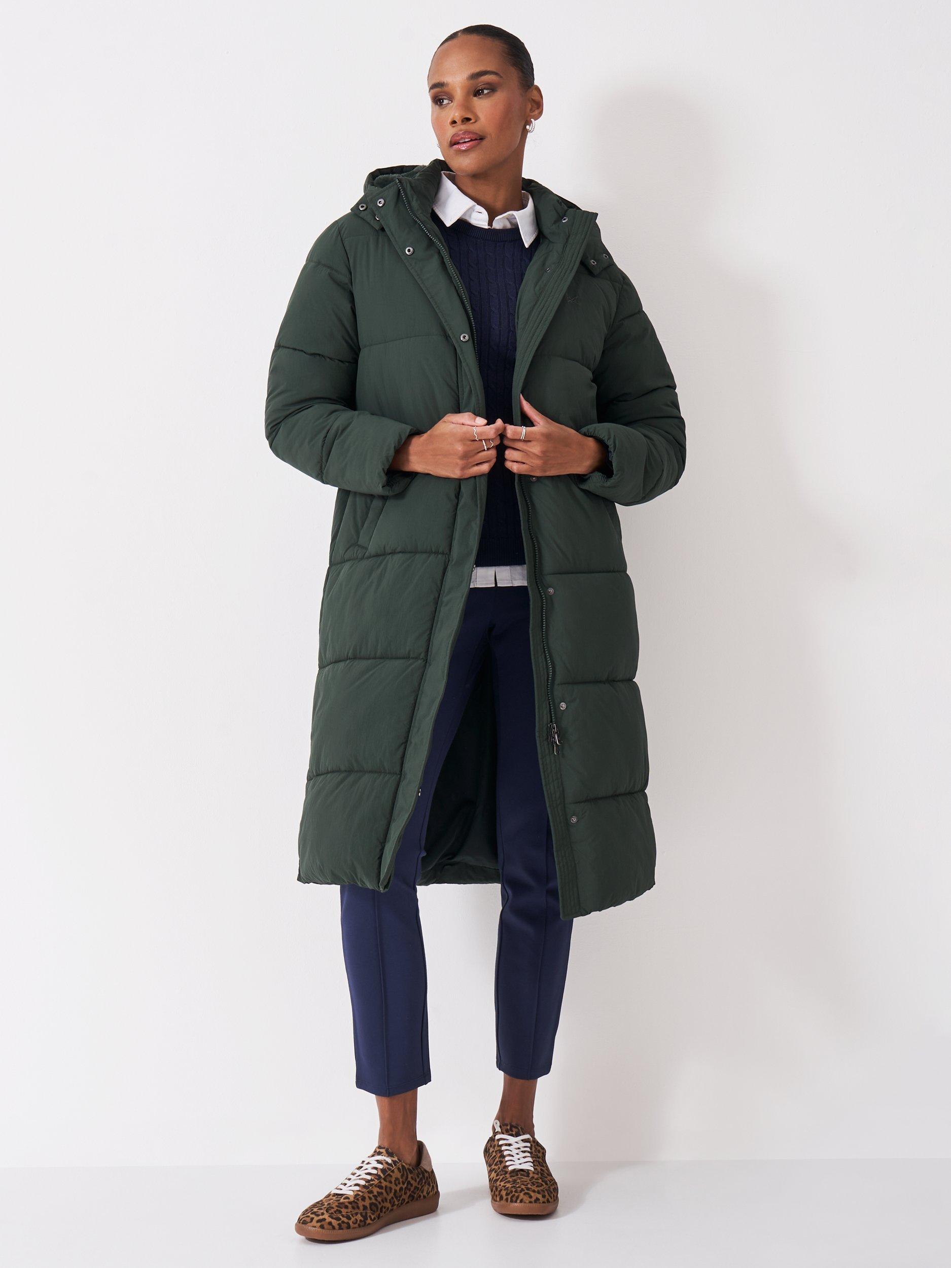 Product image 1 of 6, which shows Crew Clothing Padded Showerproof Longline Coat, Jade Green, 10