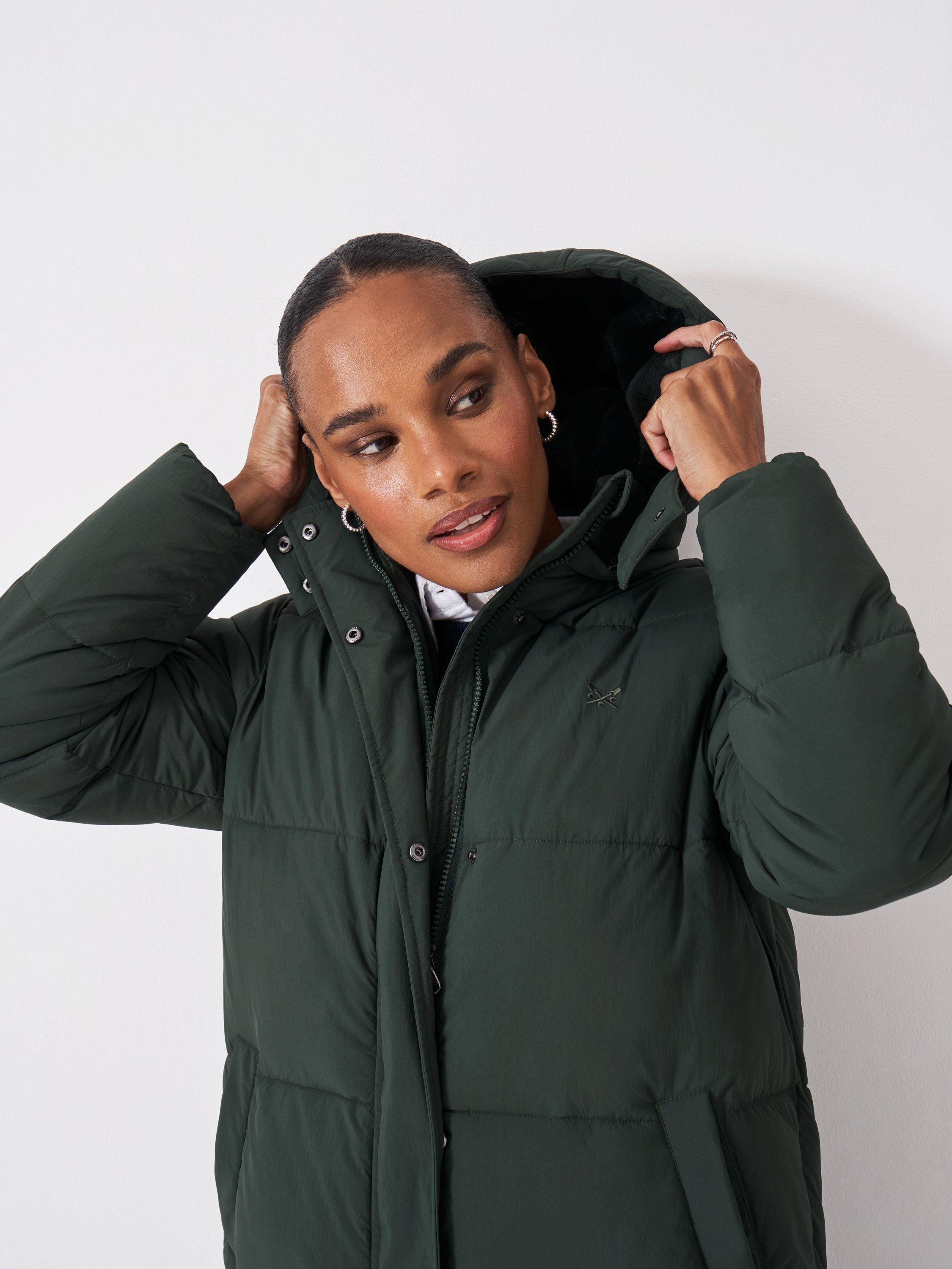 Product image 4 of 6, which shows Crew Clothing Padded Showerproof Longline Coat, Jade Green, 10