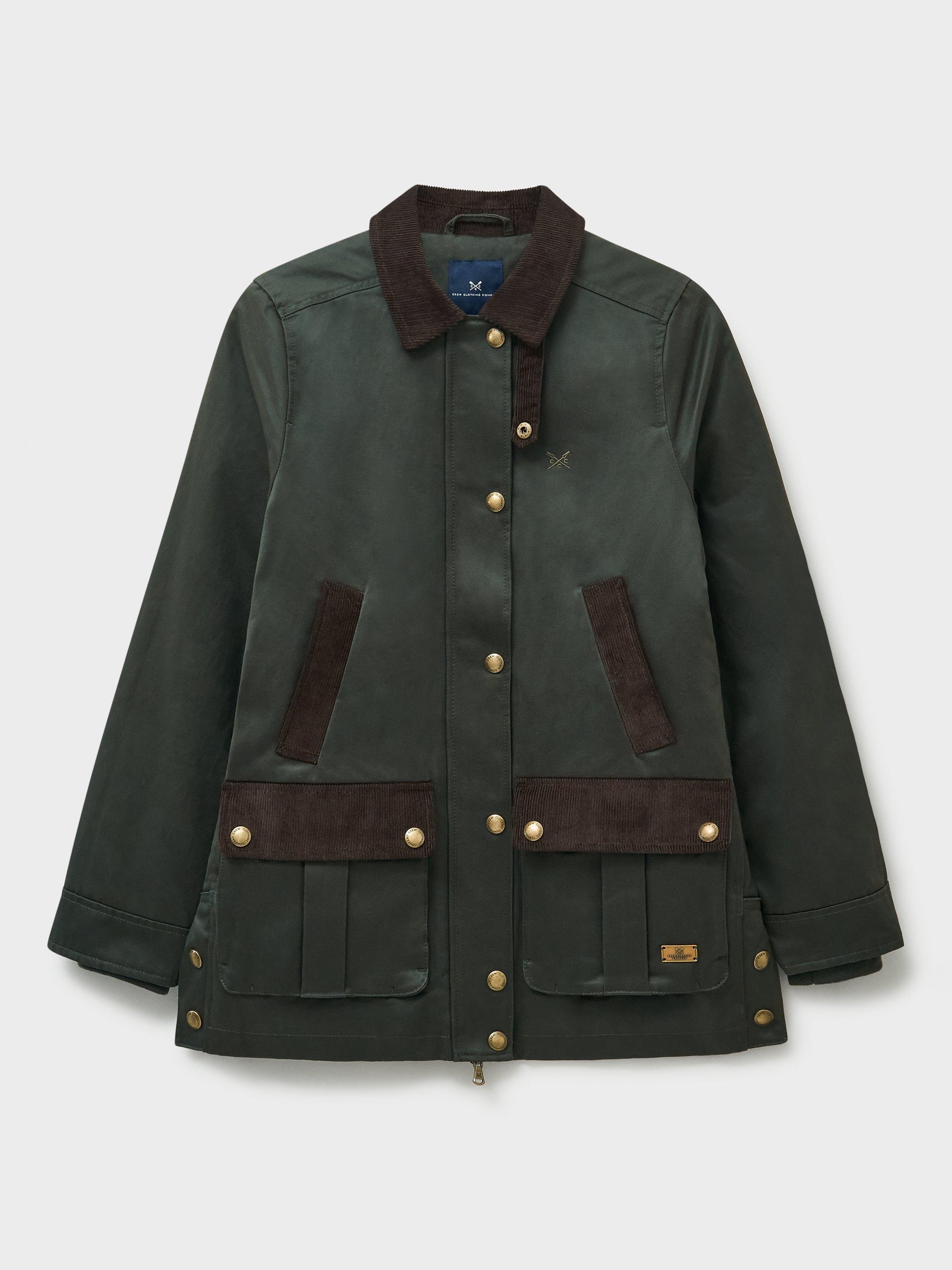 Product image 5 of 5, which shows Crew Clothing Corduroy Collar Wax Jacket, Emerald Green, 10