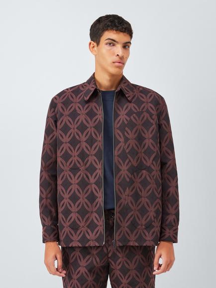 John Lewis x LABRUM Applique Geometric Print Cotton Blend Zip Through Shirt, Bitter Chocolate, Bitter Chocolate