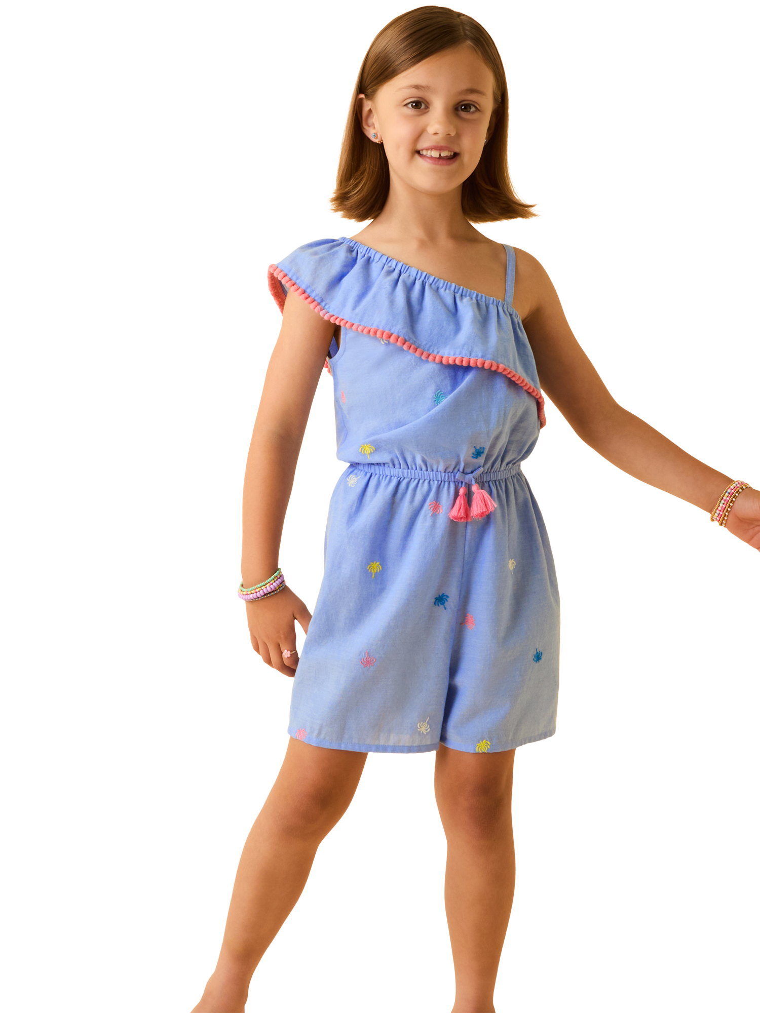 Product image 4 of 4, which shows Angels by Accessorize Kids' Shell Embroidered Playsuit, Blue, 7-8 years