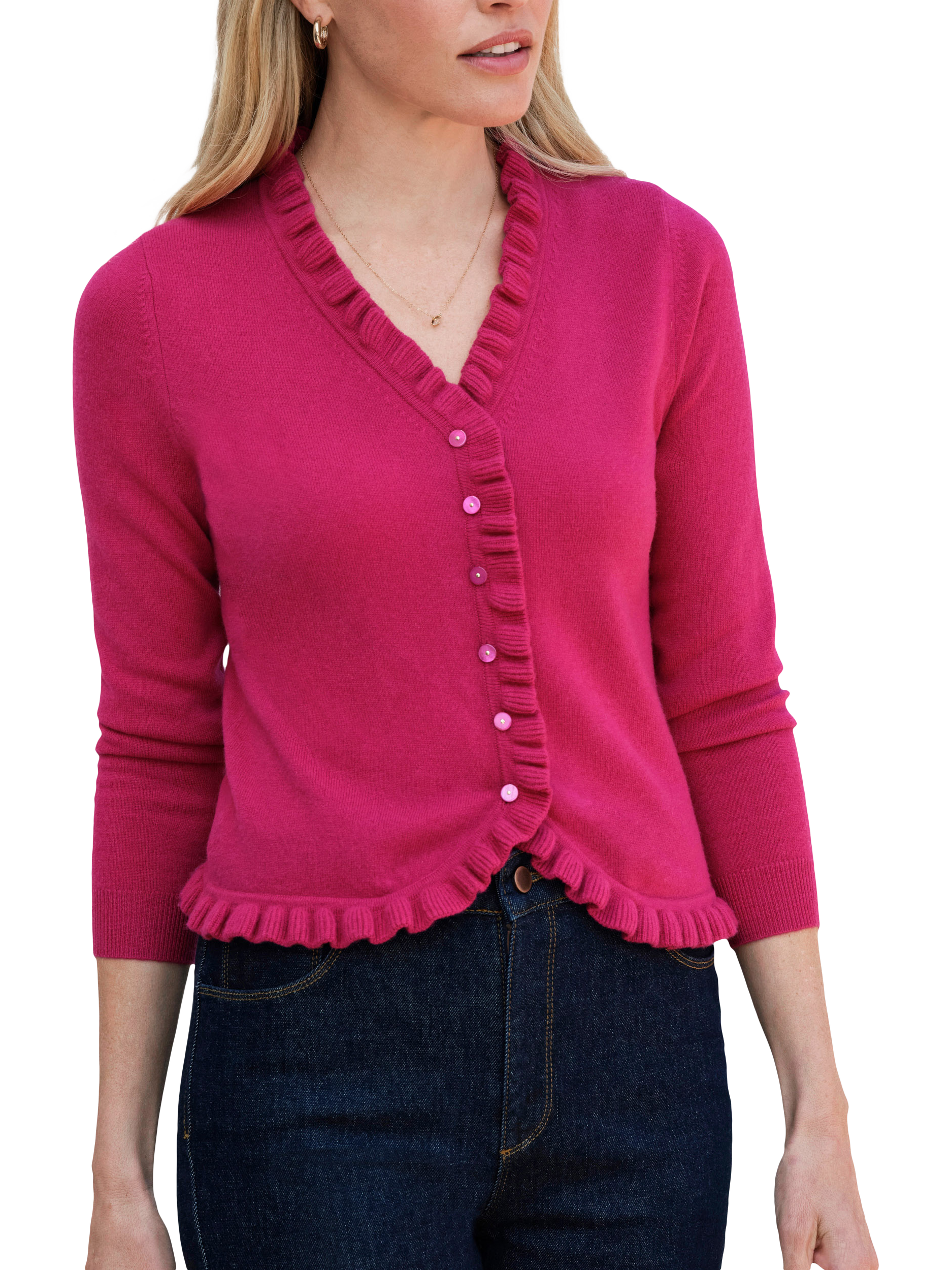 Product image 1 of 3, which shows Pure Collection Ruffle Trim Pure Cashmere Cardigan, Raspberry Pink, 8