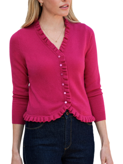 Pure Collection Ruffle Trim Pure Cashmere Cardigan, Raspberry Pink, Raspberry Pink