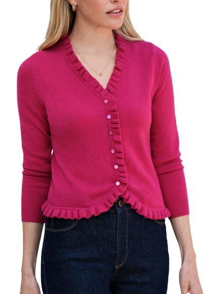 Pure Collection Ruffle Trim Pure Cashmere Cardigan, Raspberry Pink, Raspberry Pink