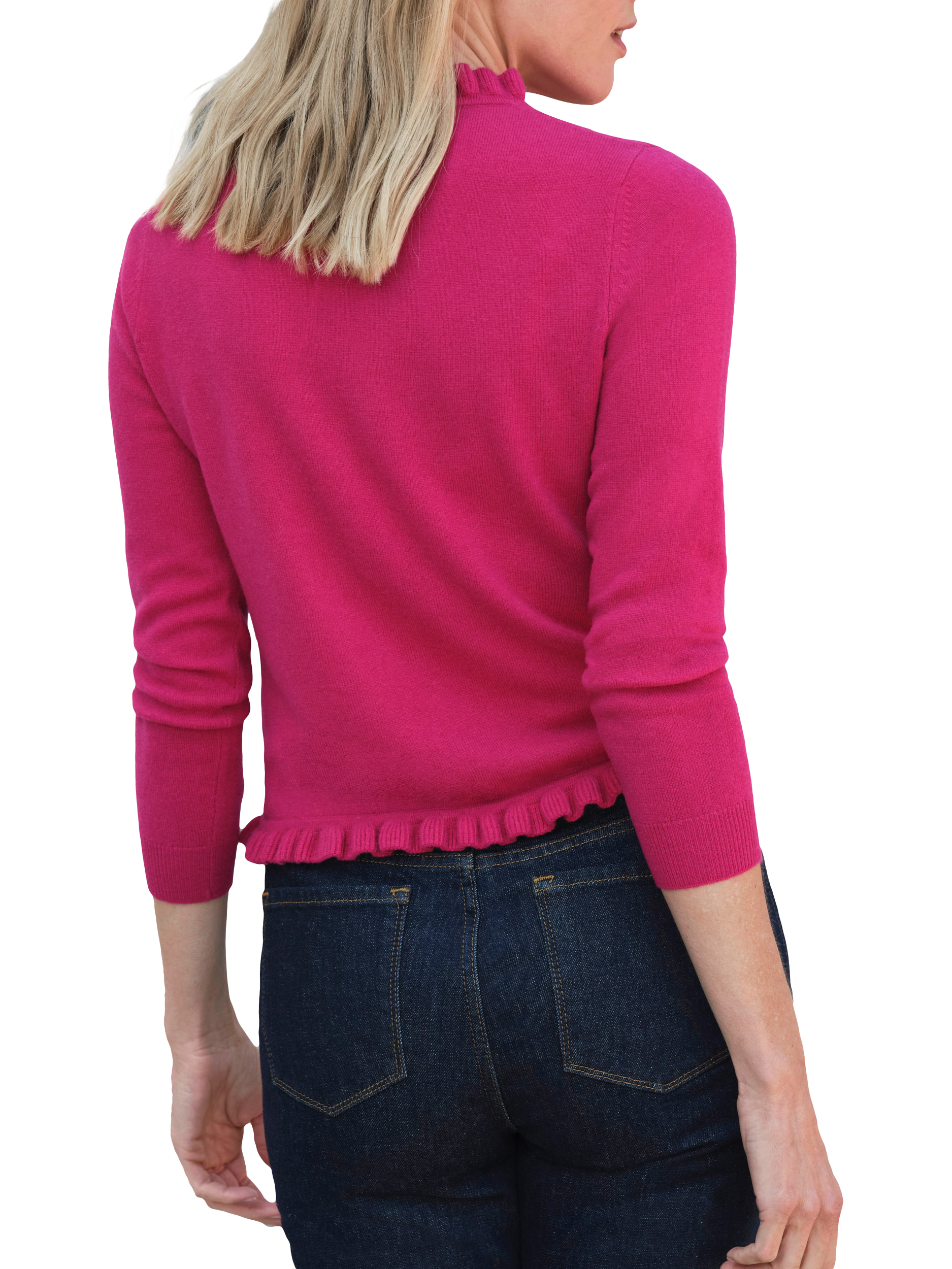Product image 2 of 3, which shows Pure Collection Ruffle Trim Pure Cashmere Cardigan, Raspberry Pink, 8