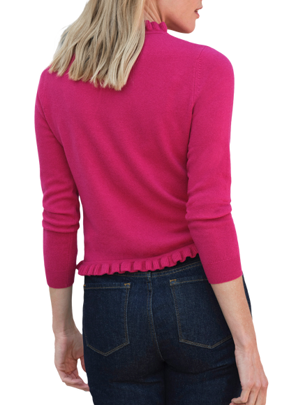 Pure Collection Ruffle Trim Pure Cashmere Cardigan, Raspberry Pink - view 2, Raspberry Pink