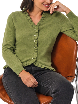 Pure Collection Ruffle Trim Pure Cashmere Cardigan, Olive Green, Olive Green