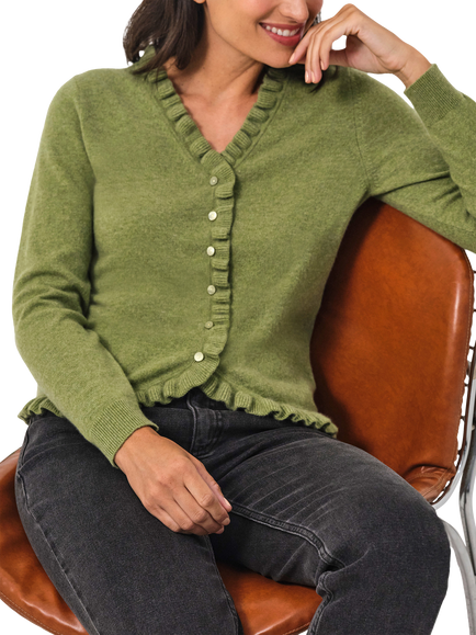 Pure Collection Ruffle Trim Pure Cashmere Cardigan, Olive Green, Olive Green