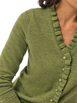 Pure Collection Ruffle Trim Pure Cashmere Cardigan, Olive Green - view 2, Olive Green