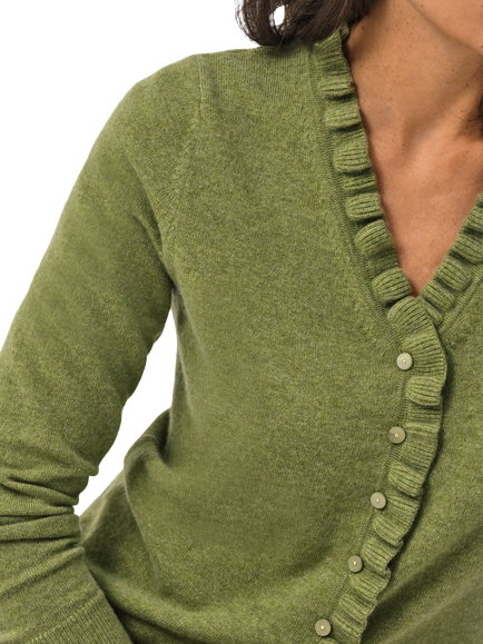 Pure Collection Ruffle Trim Pure Cashmere Cardigan, Olive Green - view 2, Olive Green