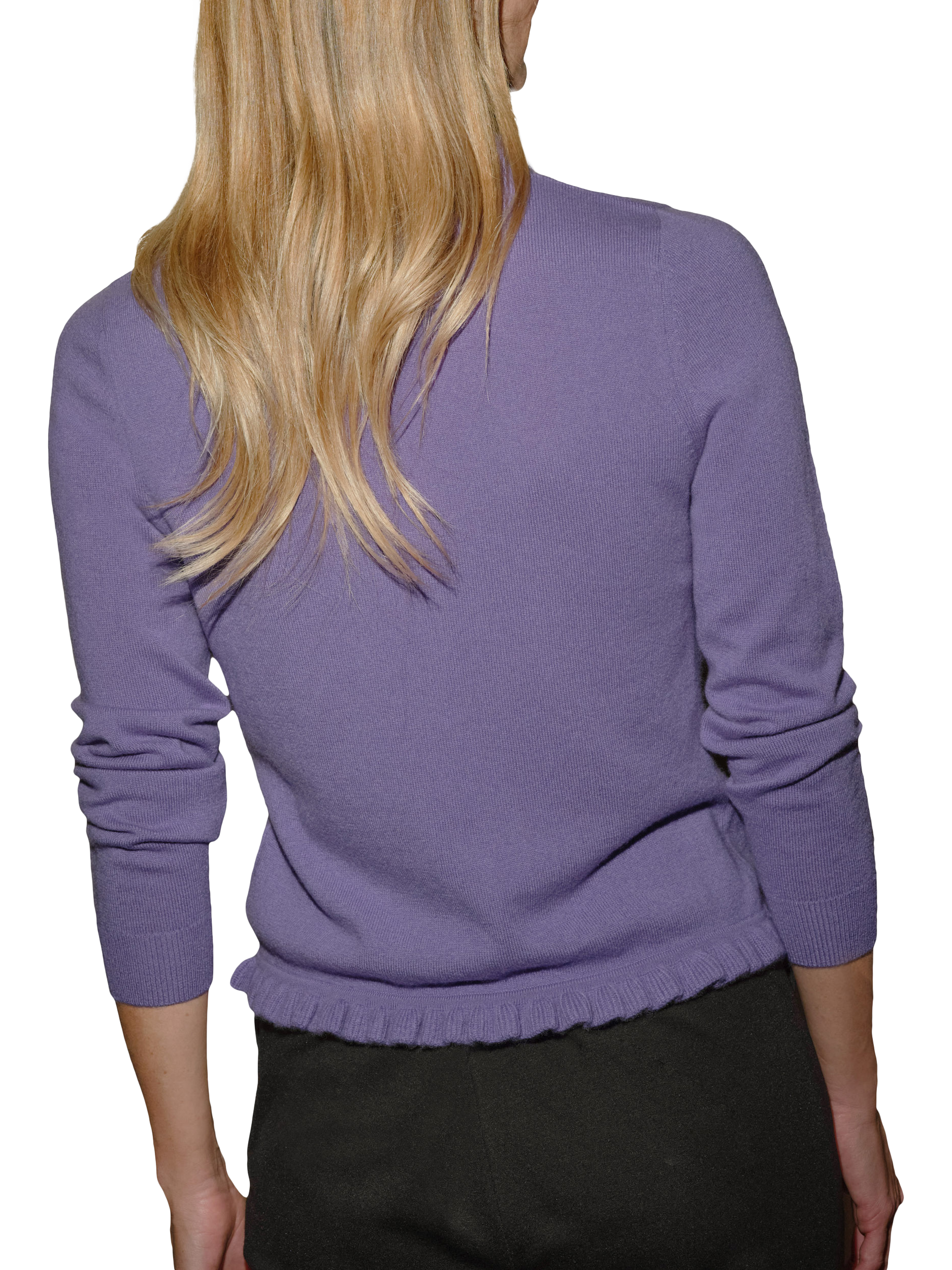 Product image 2 of 3, which shows Pure Collection Ruffle Pure Cashmere Cardigan, Viola, 8