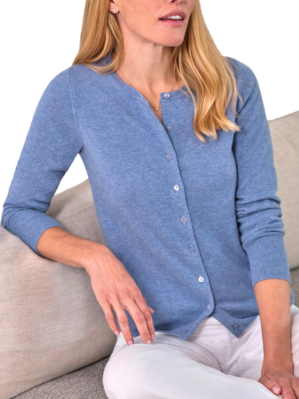 Pure Collection Crew Neck Pure Cashmere Cardigan, Blue, Blue