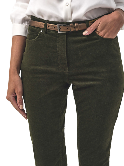 Pure Collection Washed Velvet Jeans - view 2, Khaki