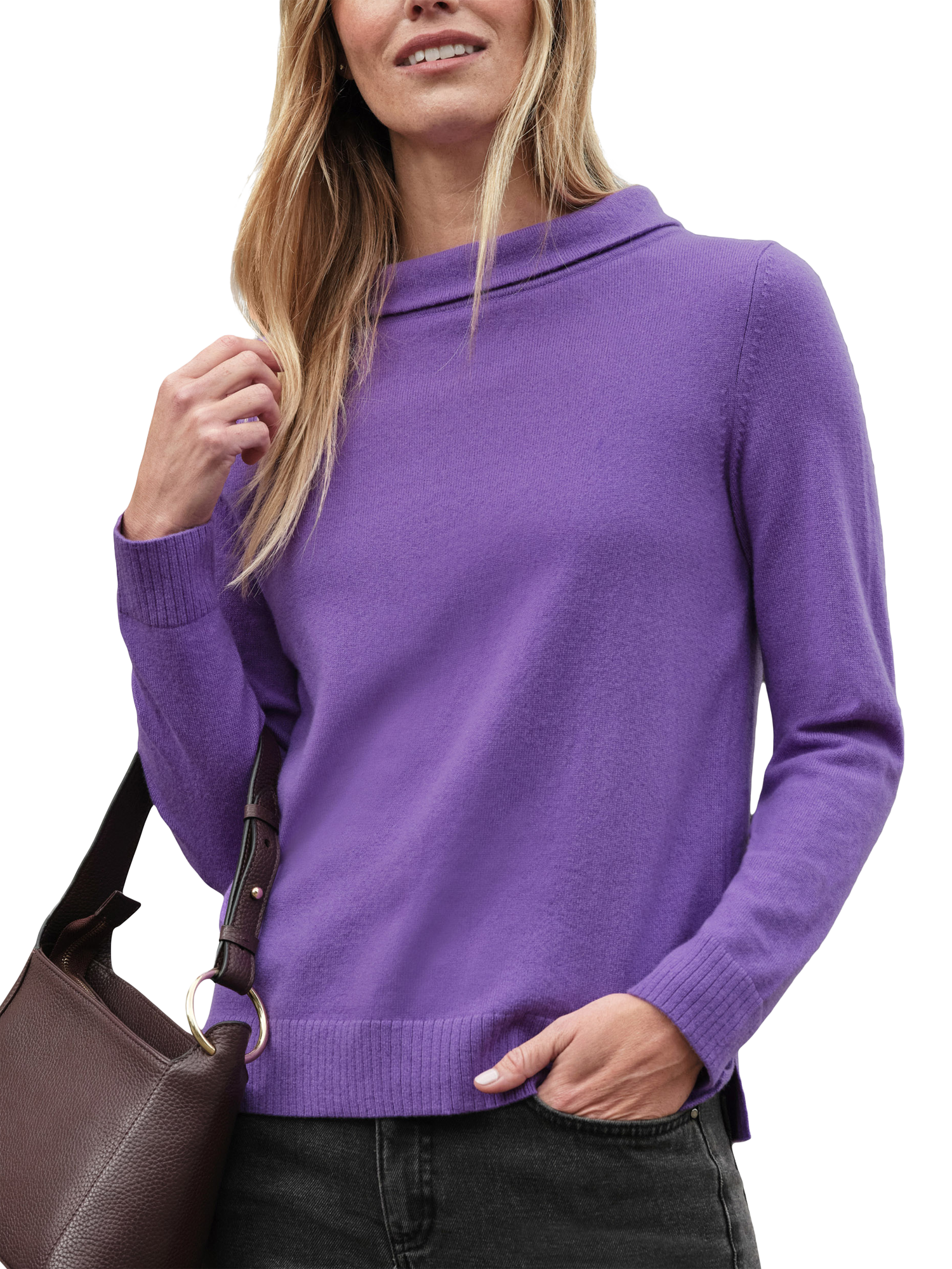 Product image 1 of 3, which shows Pure Collection Bardot Pure Cashmere Jumper, Deep Violet, 8