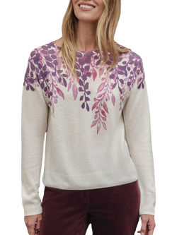 Pure Collection Leaf Floral Pure Cashmere Jumper, Purple/Multi, Purple/Multi