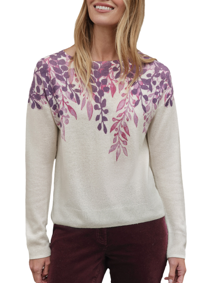 Pure Collection Leaf Floral Pure Cashmere Jumper, Purple/Multi, Purple/Multi