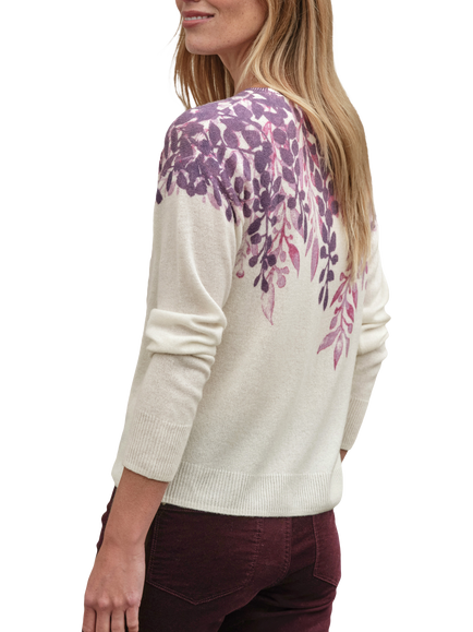 Pure Collection Leaf Floral Pure Cashmere Jumper, Purple/Multi - view 2, Purple/Multi