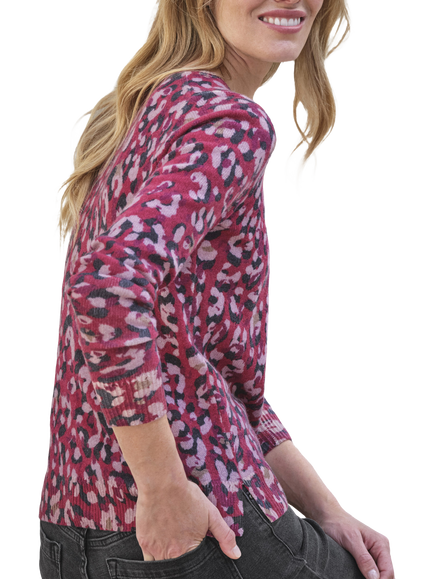 Pure Collection Animal Print Pure Cashmere Jumper, Berry - view 2, Berry