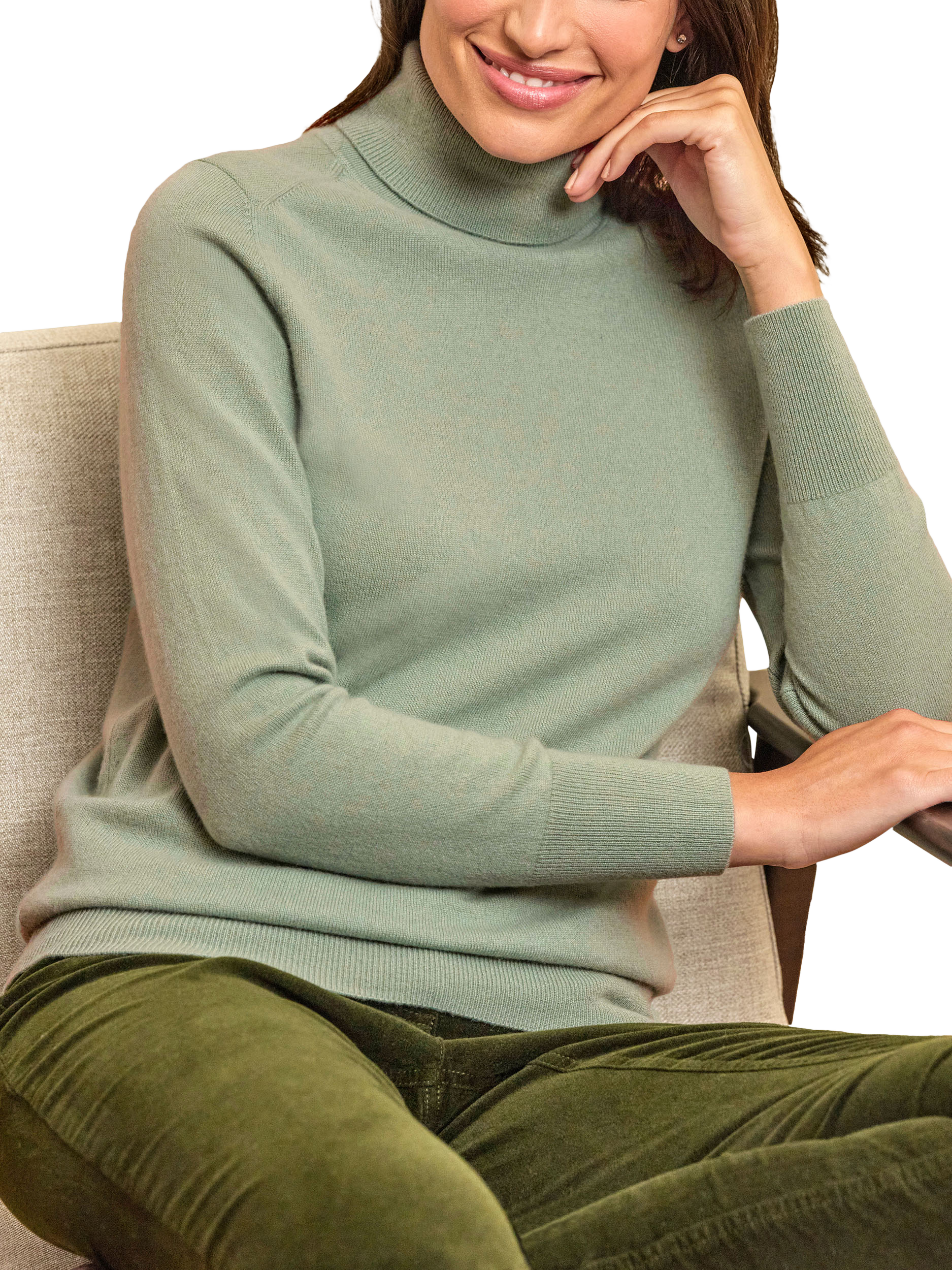 Product image 1 of 3, which shows Pure Collection Roll Neck Pure Cashmere Jumper, Thyme, 8