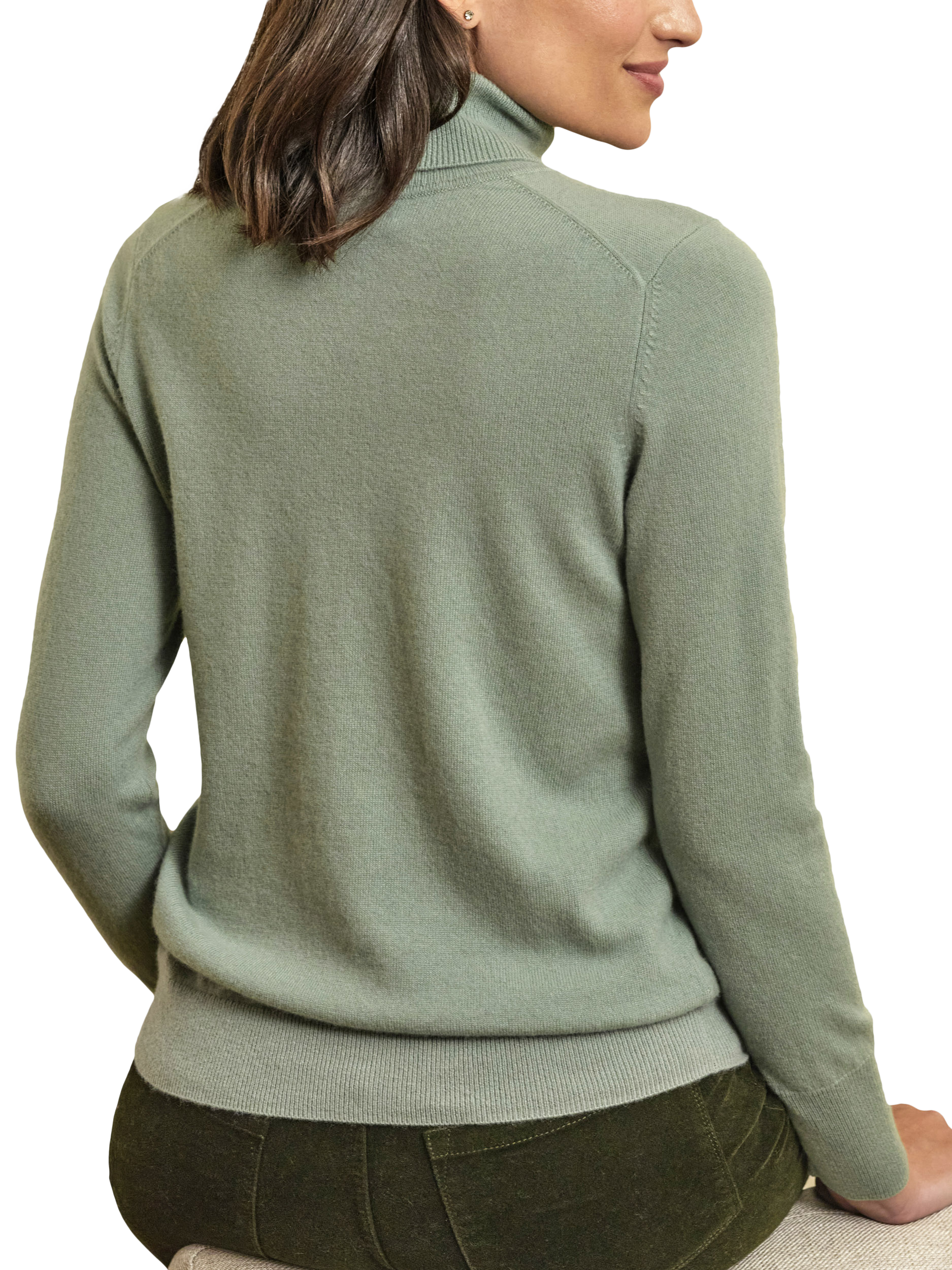 Product image 2 of 3, which shows Pure Collection Roll Neck Pure Cashmere Jumper, Thyme, 8