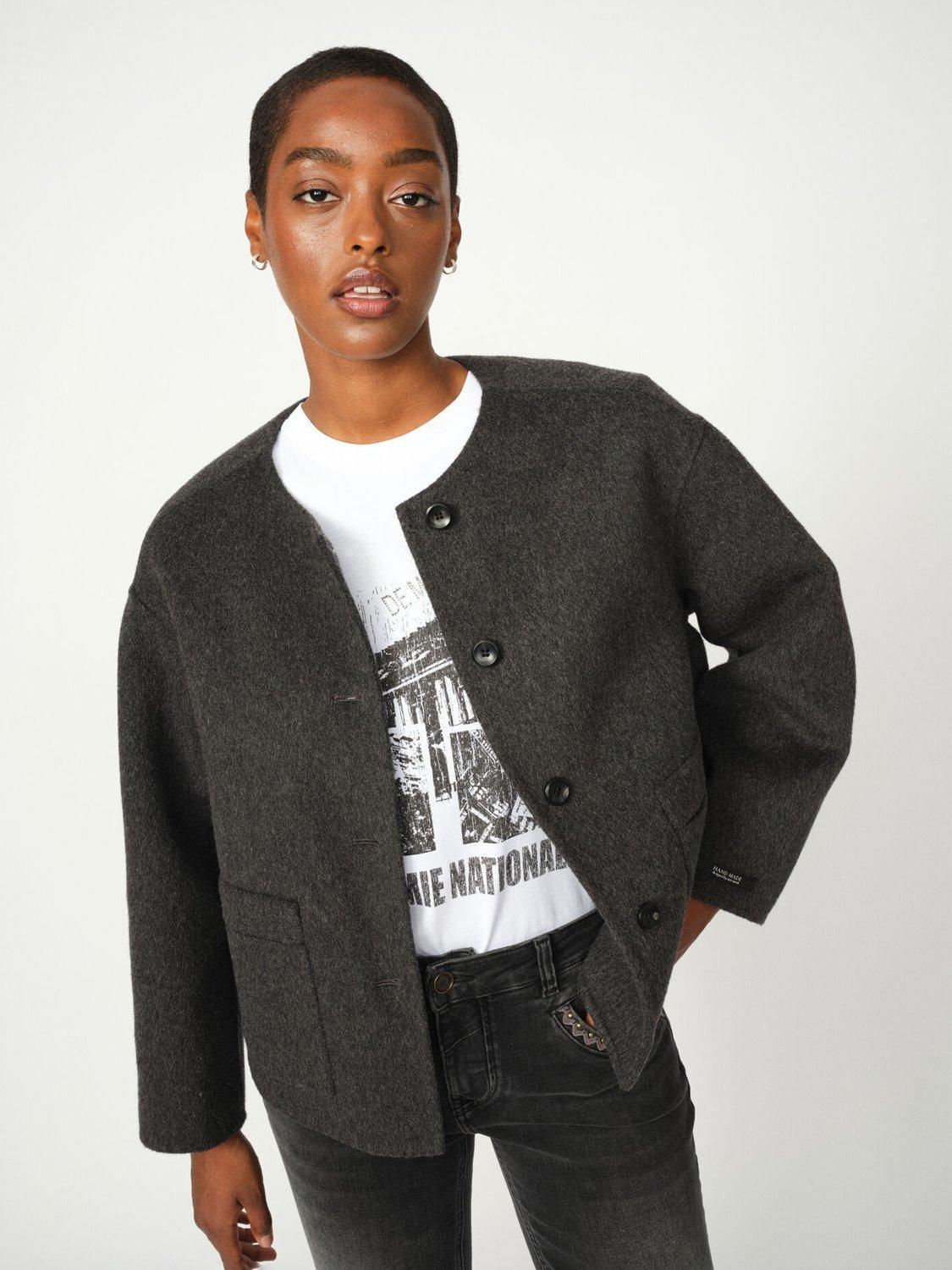 Product image 1 of 5, which shows MOS MOSH Maria Scarf Neck Wool Rich Jacket, Phantom, XS