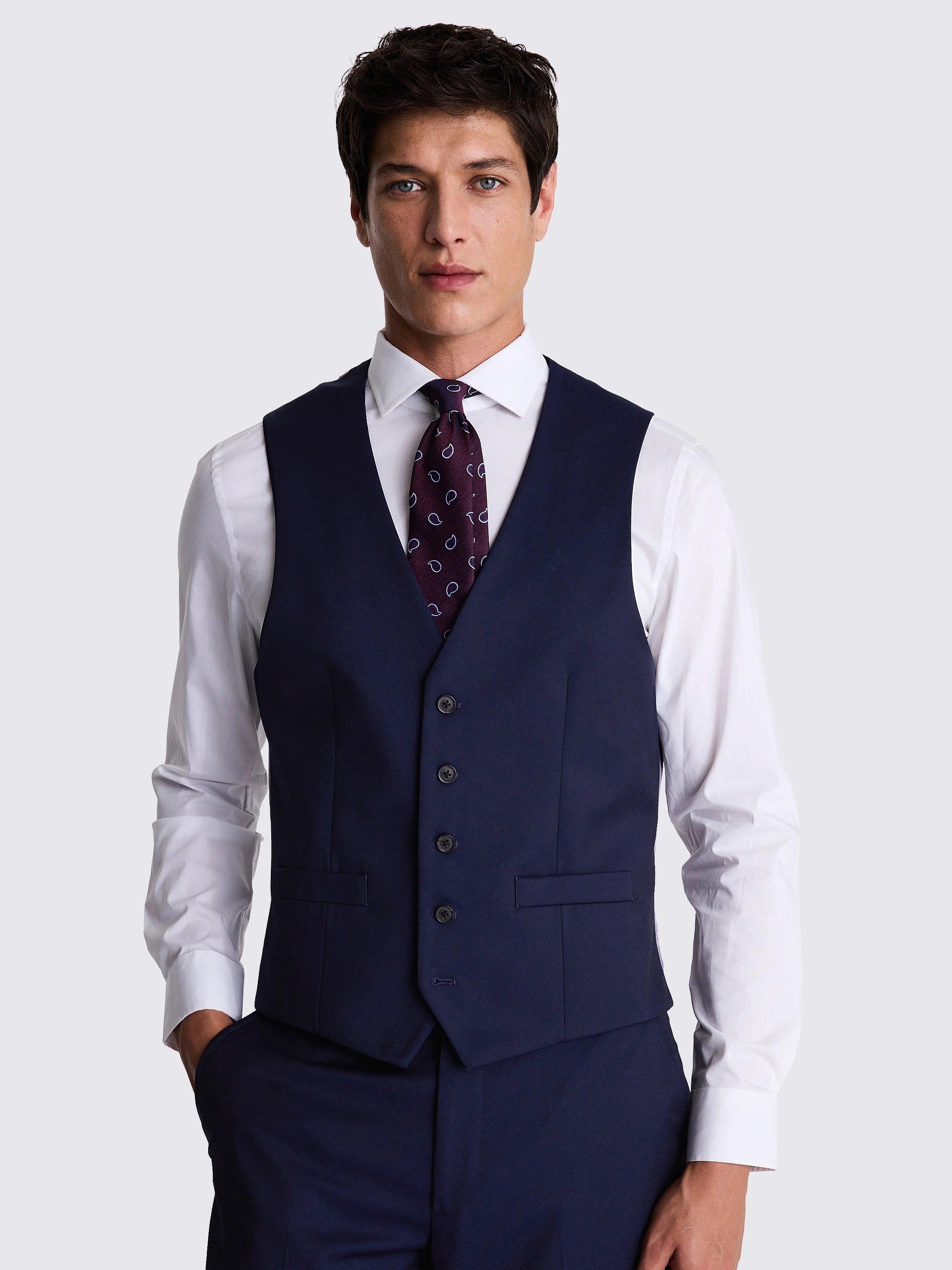 Product image 1 of 3, which shows Moss Regular Fit Ink Stretch Suit Waistcoat, Blue, 36R