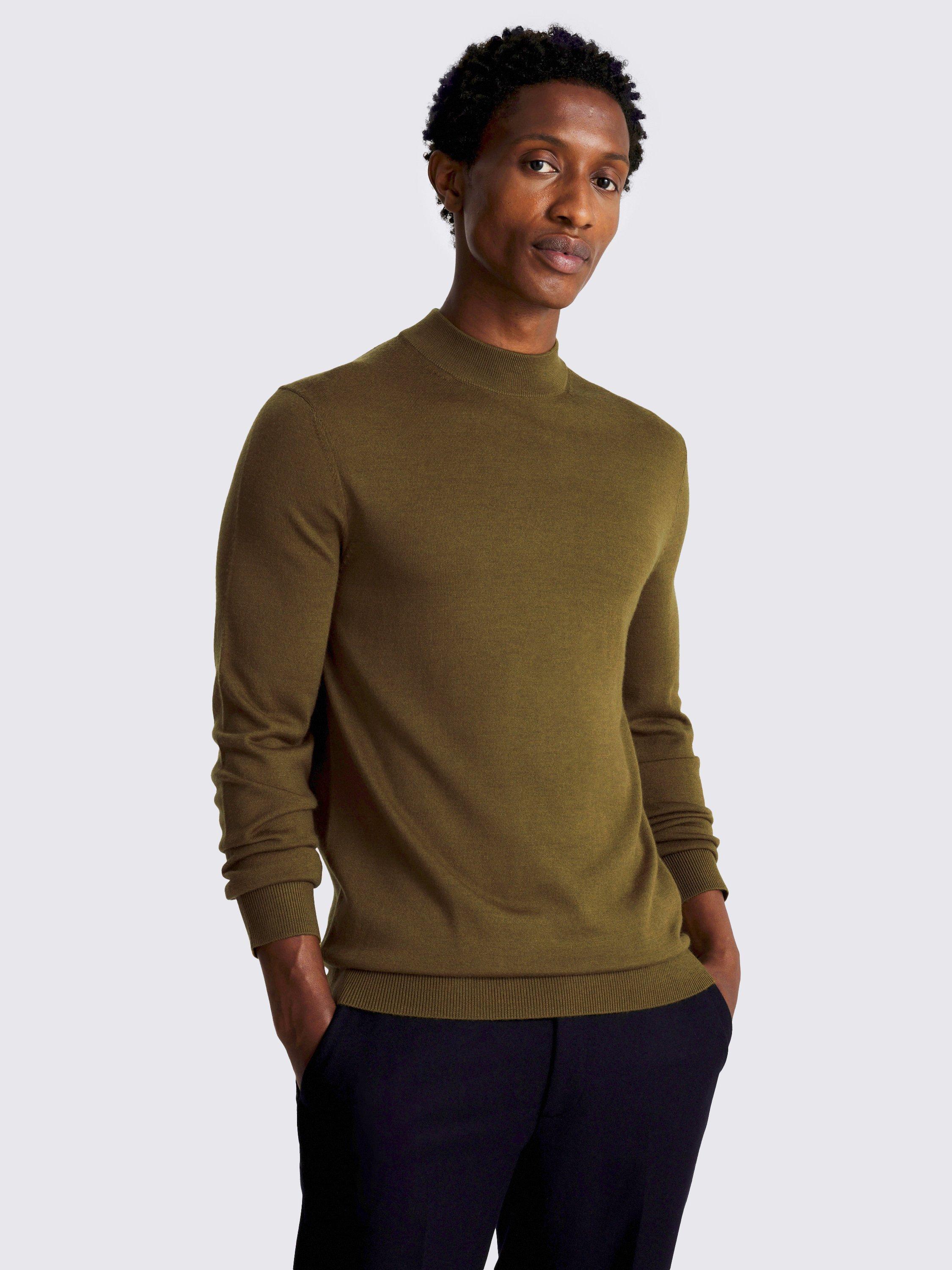 Product image 1 of 4, which shows Moss Cerise Merino Wool Blend High Neck Jumper, Olive, S